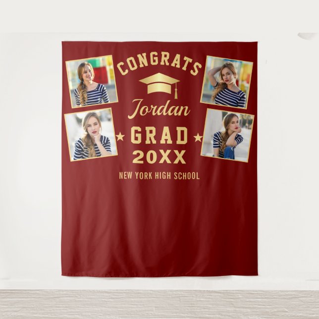 Modern Burgundy Graduation 4 Photo Booth Backdrop Tapestry (Front)