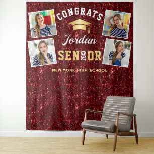 Modern Burgundy Graduation 4 Photo Booth Backdrop Tapestry