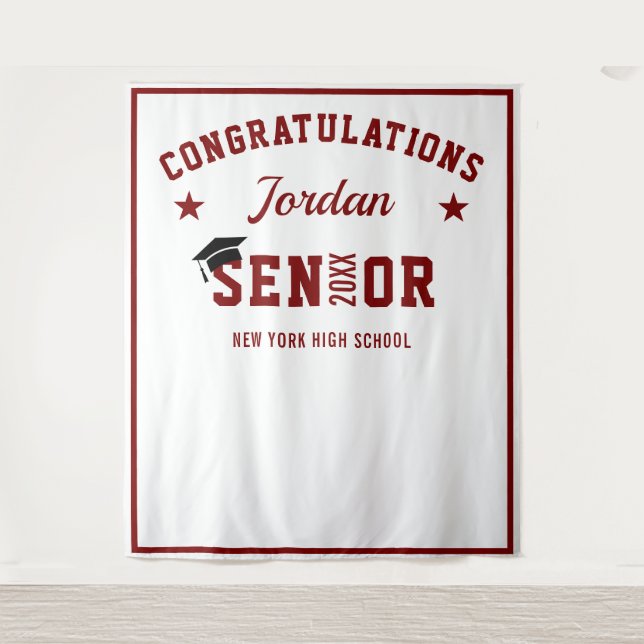 Modern Burgundy Graduation Party Photo Backdrop Tapestry (Front)