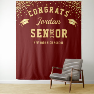 Modern Burgundy Graduation Photo Booth Backdrop Tapestry