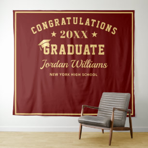 Modern Burgundy Graduation Photo Booth Backdrop Tapestry