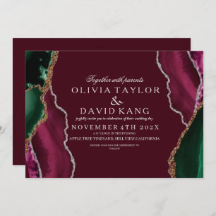 Modern Burgundy & Green Agate Wedding Invitation
