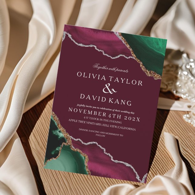  Modern Burgundy & Green Agate Wedding Invitation (Creator Uploaded)