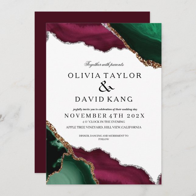  Modern Burgundy & Green Agate Wedding Invitation (Front/Back)