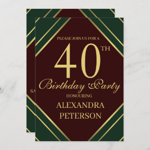 Modern Burgundy Green And Gold Stripes Birthday Invitation