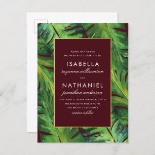 Modern Burgundy & Green Tropical Leaves Wedding Invitation Postcard