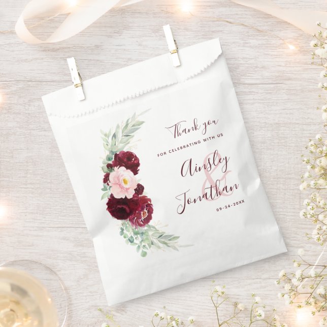 Modern Burgundy Greenery Floral Thank You Wedding Favour Bag (Clipped)