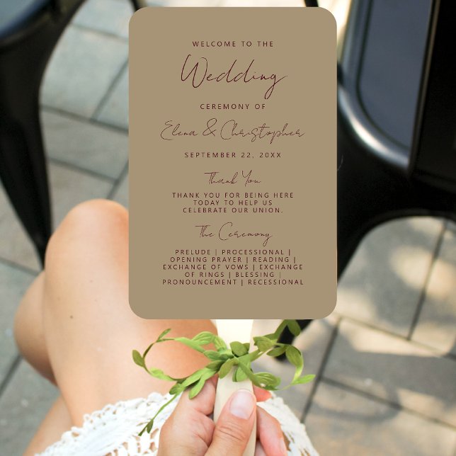 Modern Burgundy Handwriting Gold Wedding Program Hand Fan (Creator Uploaded)