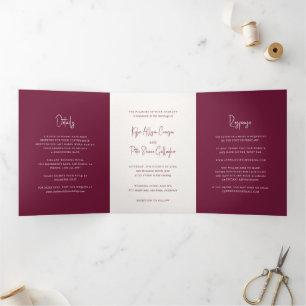 Modern Burgundy Handwritten Script Elegant Wedding Tri-Fold Invitation