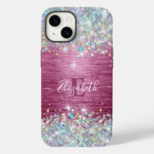 Modern Burgundy Holographic Faux Glitter Monogram Case-Mate iPhone 14 Case