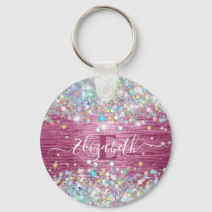Modern Burgundy Holographic Faux Glitter Monogram Key Ring
