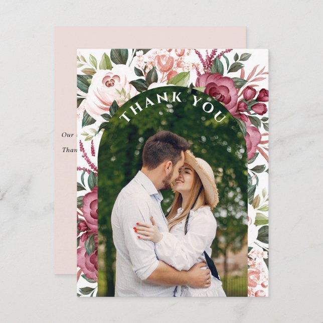 Modern Burgundy Ivory Cream Pink Floral Photo Thank You Card (Front/Back)