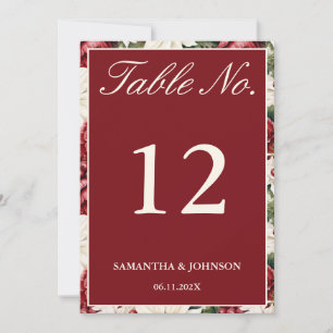 Modern Burgundy Ivory Floral Wedding Table Number