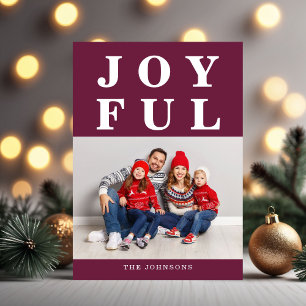 Modern Burgundy Joyful Modern Photo Christmas Holiday Card