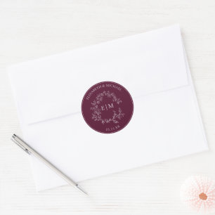 Modern Burgundy Leafy Crest Monogram Wedding Classic Round Sticker