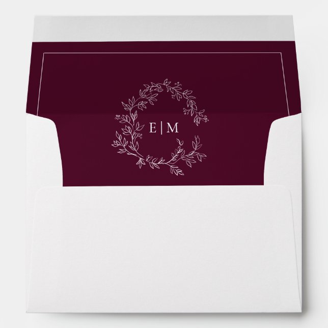 Modern Burgundy Leafy Crest Monogram Wedding Envelope (Back (Bottom))