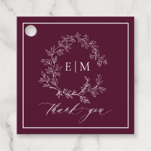 Modern Burgundy Leafy Crest Monogram Wedding Favour Tags