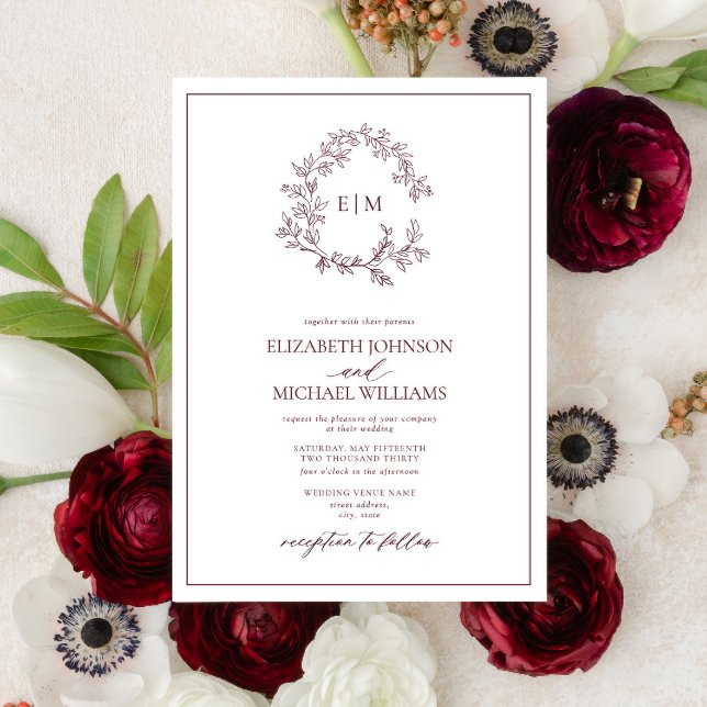 Modern Burgundy Leafy Crest Monogram Wedding Invitation (Creator Uploaded)