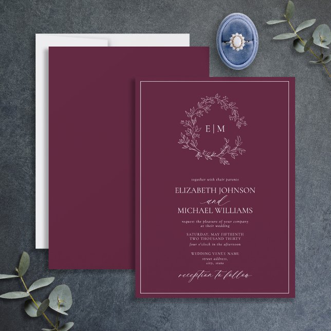Modern Burgundy Leafy Crest Monogram Wedding Invitation (Creator Uploaded)