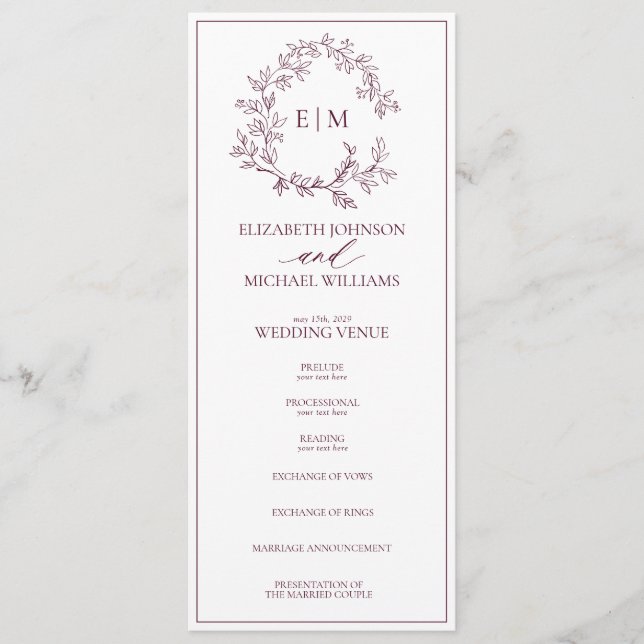 Modern Burgundy Leafy Crest Monogram Wedding Program (Front)
