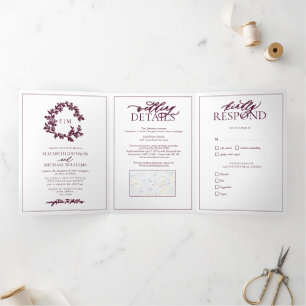 Modern Burgundy Leafy Crest Monogram Wedding Tri-Fold Invitation