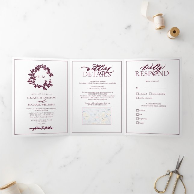 Modern Burgundy Leafy Crest Monogram Wedding Tri-Fold Invitation (Inside)