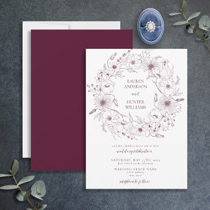 Modern Burgundy Line Art Floral Wedding Invitation