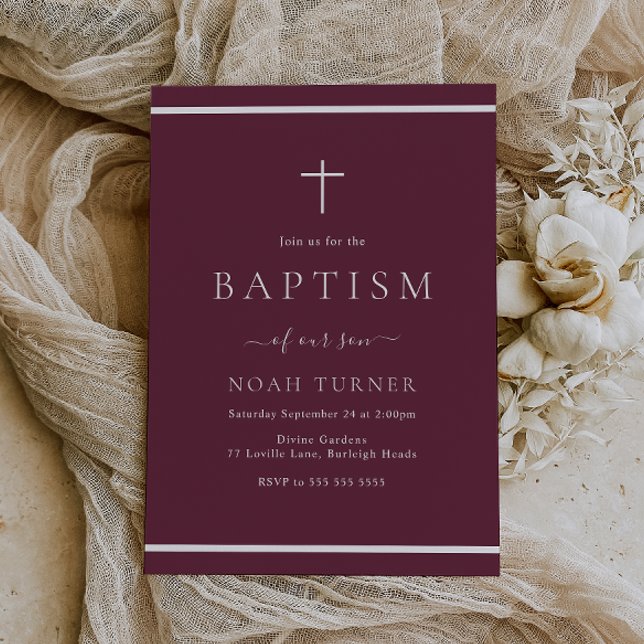 Modern Burgundy Maroon Baptism White Border Invitation (Creator Uploaded)