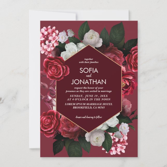 Modern Burgundy Maroon Rustic Floral Fall Wedding  Invitation (Front)