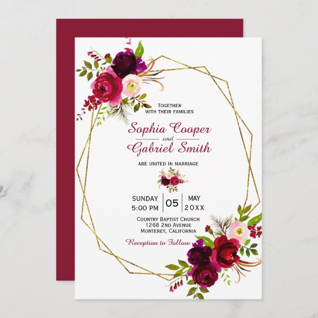 Modern Burgundy Marsala Floral Gold Frame Wedding Invitation (Front/Back)