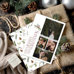 Modern Burgundy Merry Christmas Typography 4 Photo Holiday Card