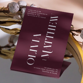 Modern burgundy minimalist photo wedding + QR code Invitation