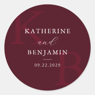 Modern Burgundy Monogram Minimalist Wedding Classic Round Sticker