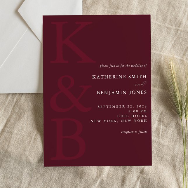 Modern Burgundy Monogram Minimalist Wedding Invitation (Creator Uploaded)