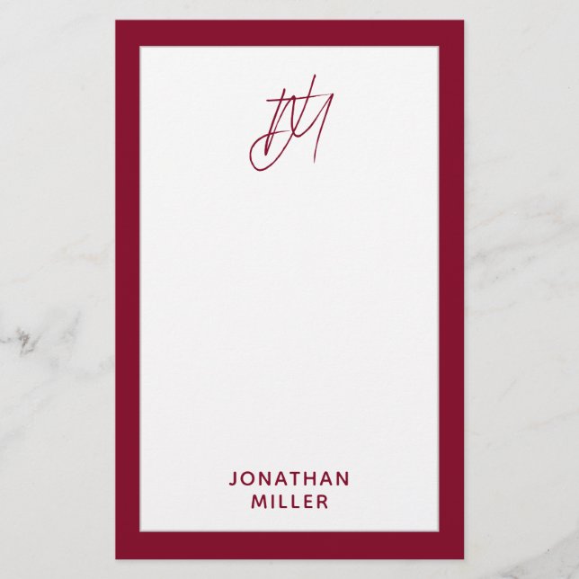 Modern Burgundy Monogram Stationery (Front)