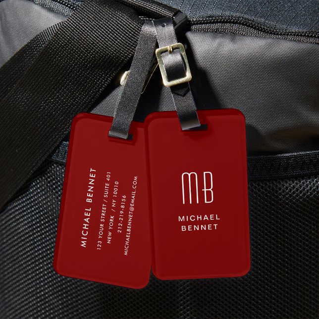 Modern Burgundy Monogrammed  Luggage Tag (Modern Red Monogrammed Luggage Tag)