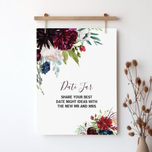 Modern Burgundy Navy Blush Floral Date Jar Sign