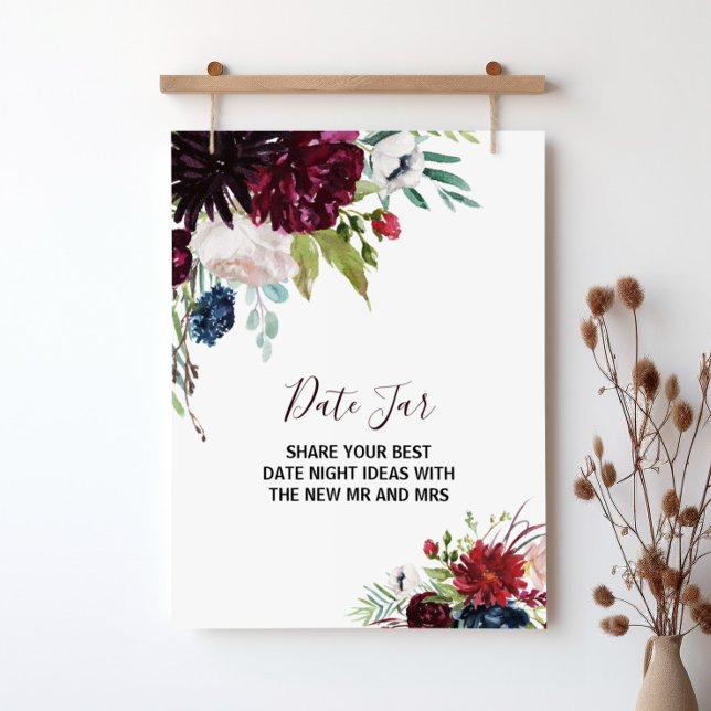 Modern Burgundy Navy Blush Floral Date Jar Sign (Creator Uploaded)