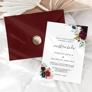Modern Burgundy Navy Blush Floral Spanish Wedding Invitation