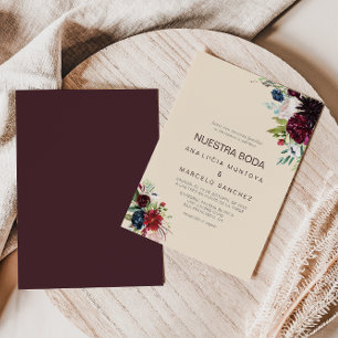 Modern Burgundy Navy Blush Floral Spanish Wedding  Invitation
