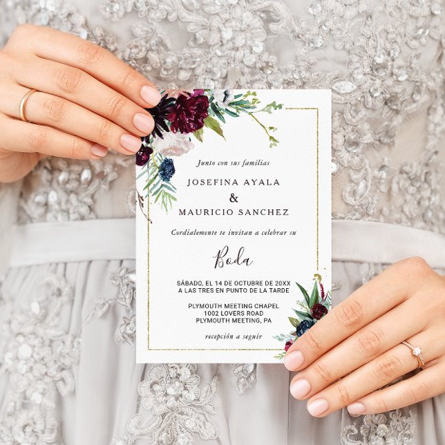 Modern Burgundy Navy Blush Floral Spanish Wedding Invitation (Creator Uploaded)