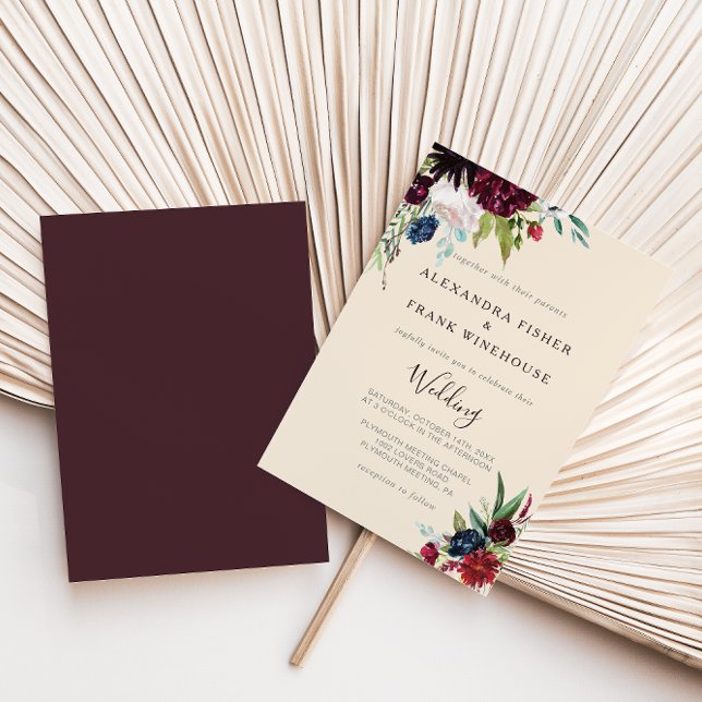 Modern Burgundy Navy Blush Floral Wedding Invitati Invitation (Creator Uploaded)