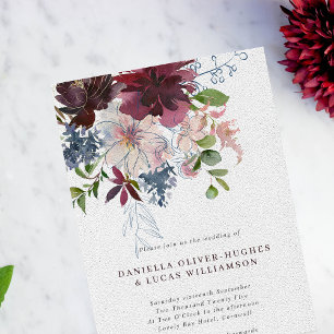 Modern Burgundy Navy & Blush Floral Wedding Invitation