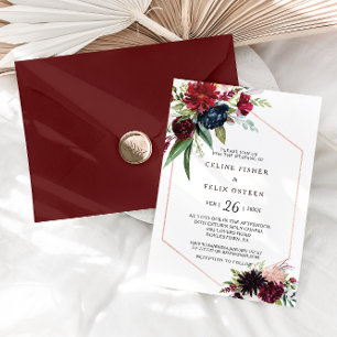 Modern Burgundy Navy Blush Floral Wedding Invitation