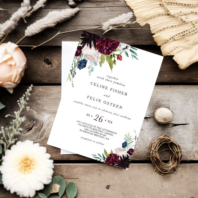 Modern Burgundy Navy Blush Floral Wedding Invitation (Creator Uploaded)