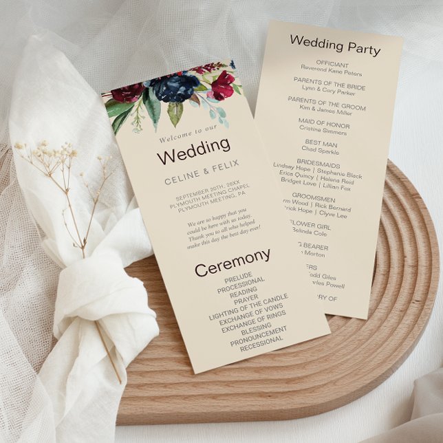 Modern Burgundy Navy Blush Floral Wedding Program (Creator Uploaded)