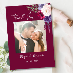 Modern Burgundy Navy Blush Floral Wedding Thank You Card