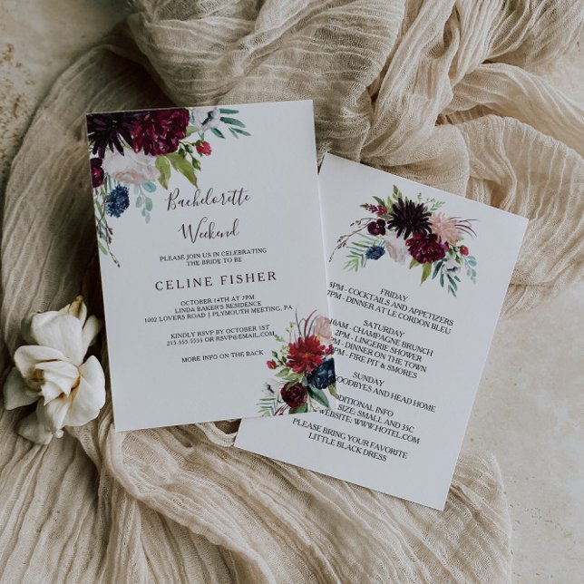 Modern Burgundy Navy Floral Bachelorette Weekend Invitation (Creator Uploaded)