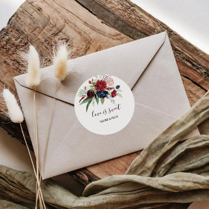 Modern Burgundy Navy Floral Love is Sweet Wedding Classic Round Sticker
