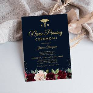 Modern burgundy navy floral Nurse pinning ceremony Invitation